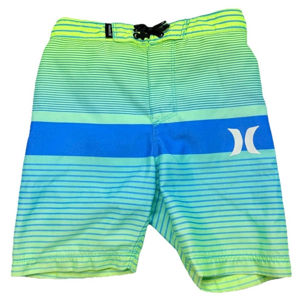Hurley Boys Board Shorts Swim Trunks Neon Green Blue Striped Size 4T